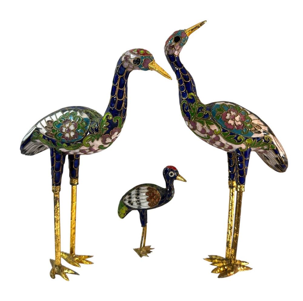 Vintage Chinese Cloisonné Crane Bird Figurines Set of 3 Floral Enamel Metal